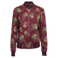 Dolce & Gabbana Burgundy Peacock Feather Print Synthetic Zip Front Bomber Jacket