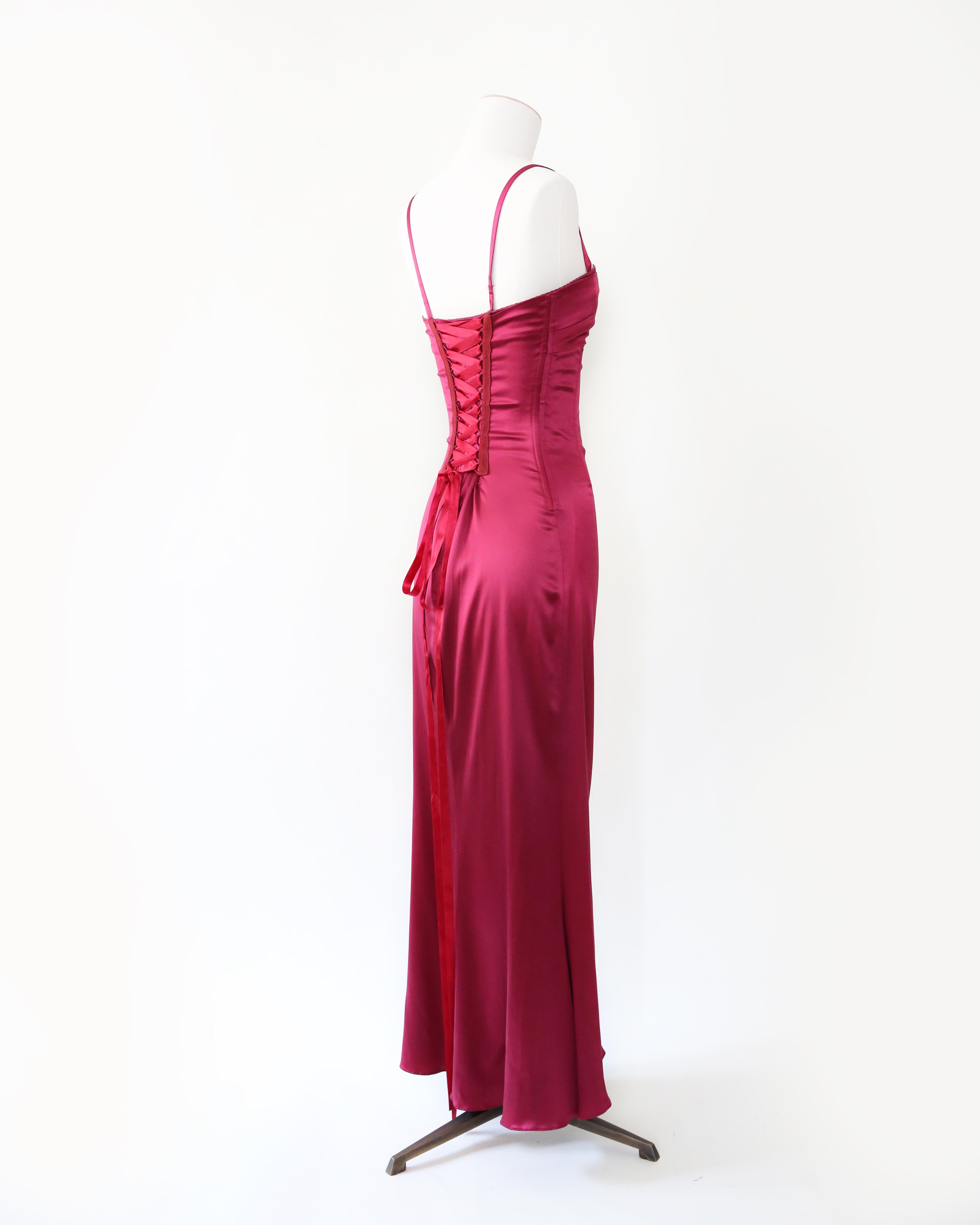 Women's Dolce & Gabbana burgundy satin ribbon lace up bustier corset midi maxi dress For Sale