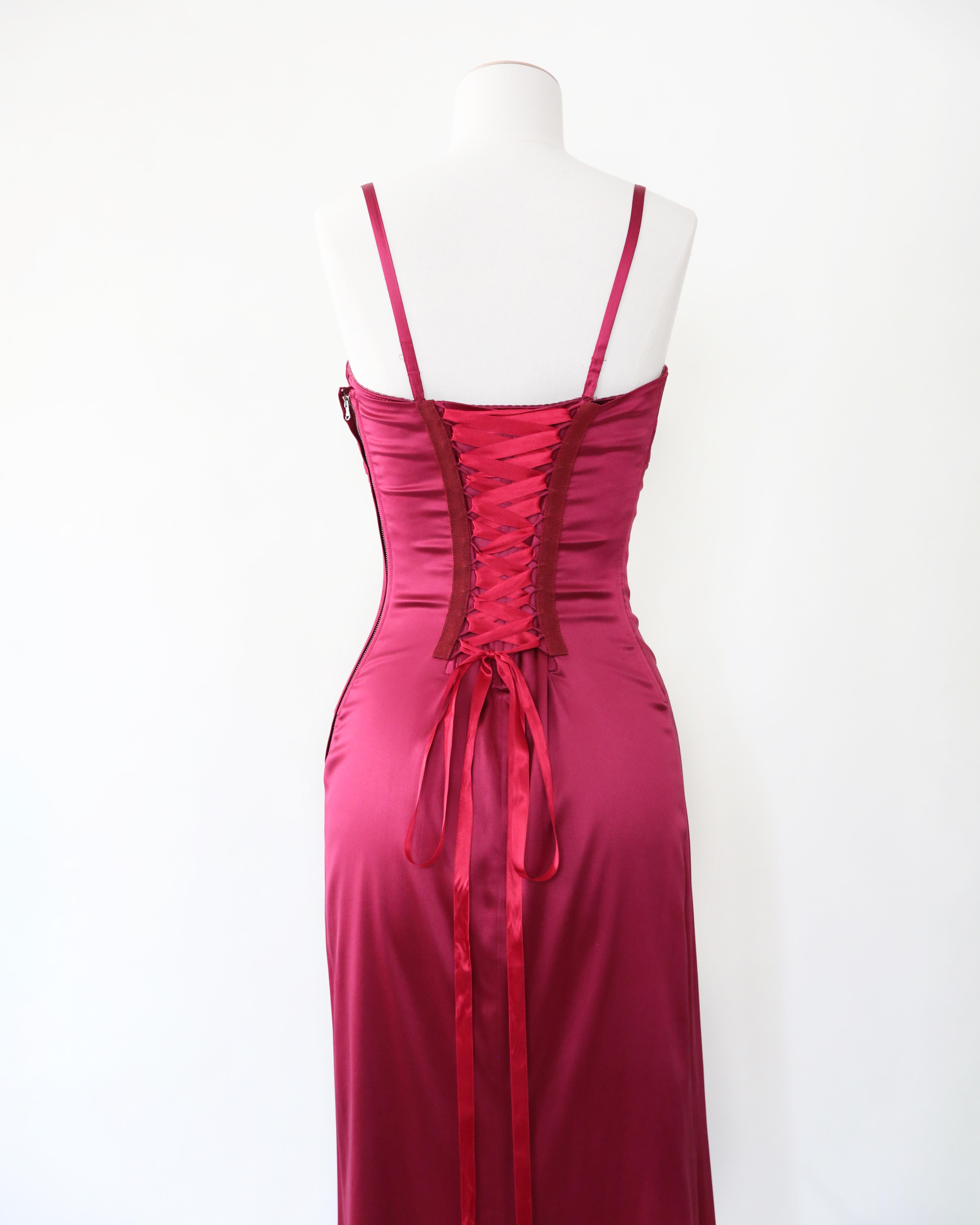 Dolce & Gabbana burgundy satin ribbon lace up bustier corset midi maxi dress For Sale 2
