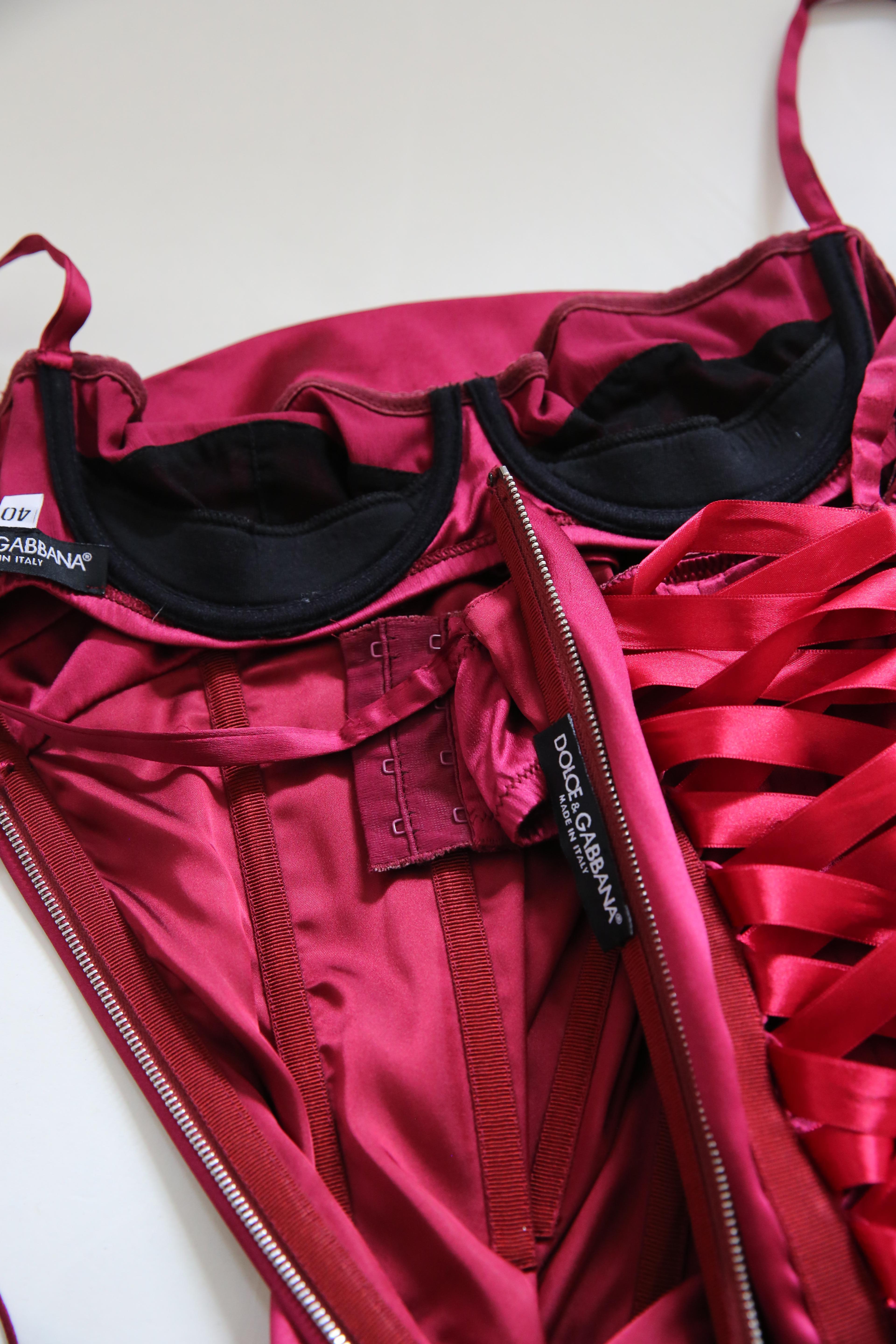 Dolce & Gabbana burgundy satin ribbon lace up bustier corset midi maxi dress For Sale 3