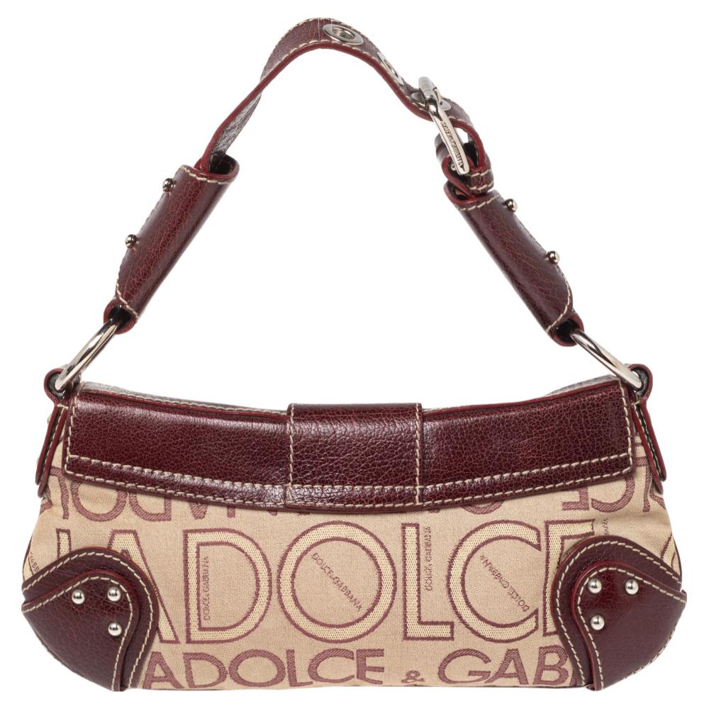 Women's Dolce & Gabbana Burgundy Signature Fabric and Leather D Ring Baguette Bag