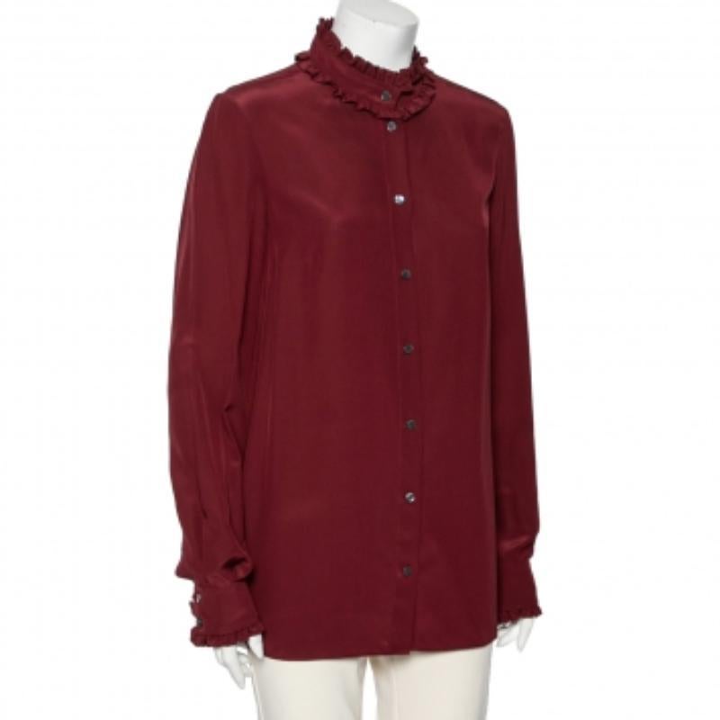 Rouge Dolce & Gabbana Burgundy Silk Ruffle Trim Detailed Button Front Shirt M en vente