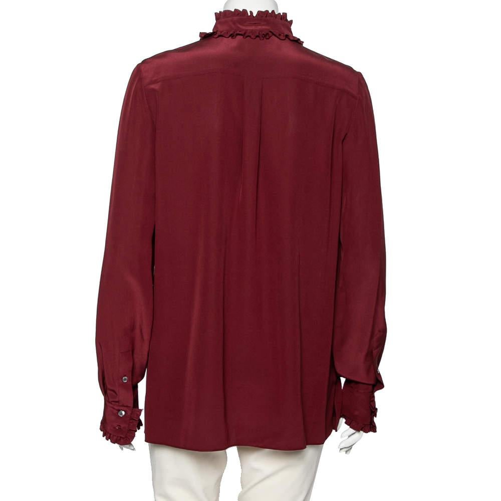 Red Dolce & Gabbana Burgundy Silk Ruffle Trim Detailed Button Front Shirt M For Sale