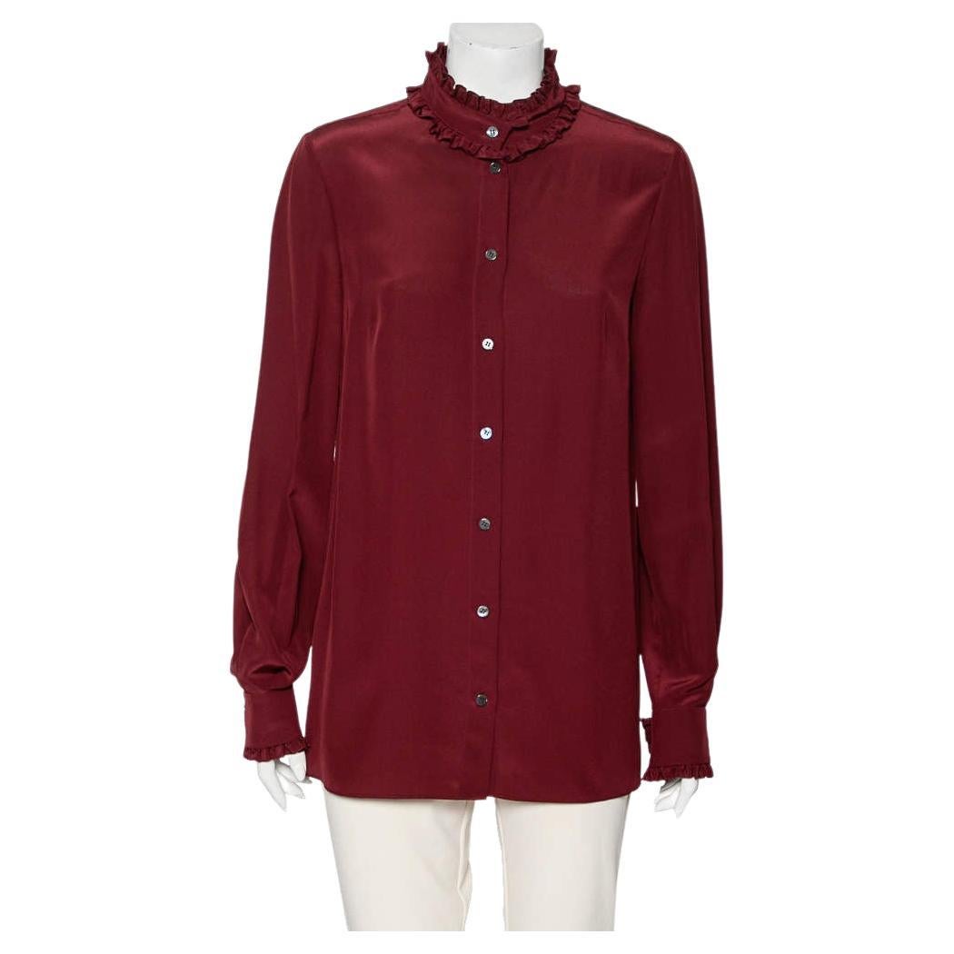 Dolce & Gabbana Burgundy Silk Ruffle Trim Detailed Button Front Shirt M For Sale