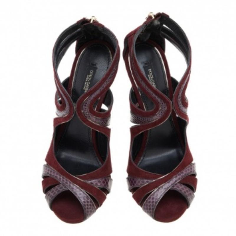 Black Dolce & Gabbana Burgundy Suede And Snakeskin Sandals Size 36.5 For Sale