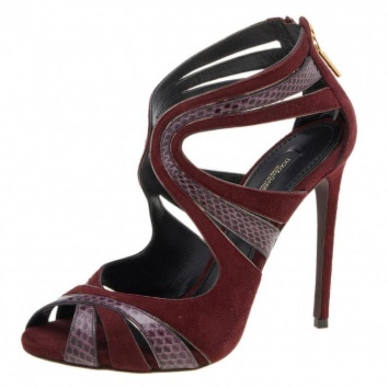 Women's Dolce & Gabbana Burgundy Suede And Snakeskin Sandals Size 36.5 For Sale