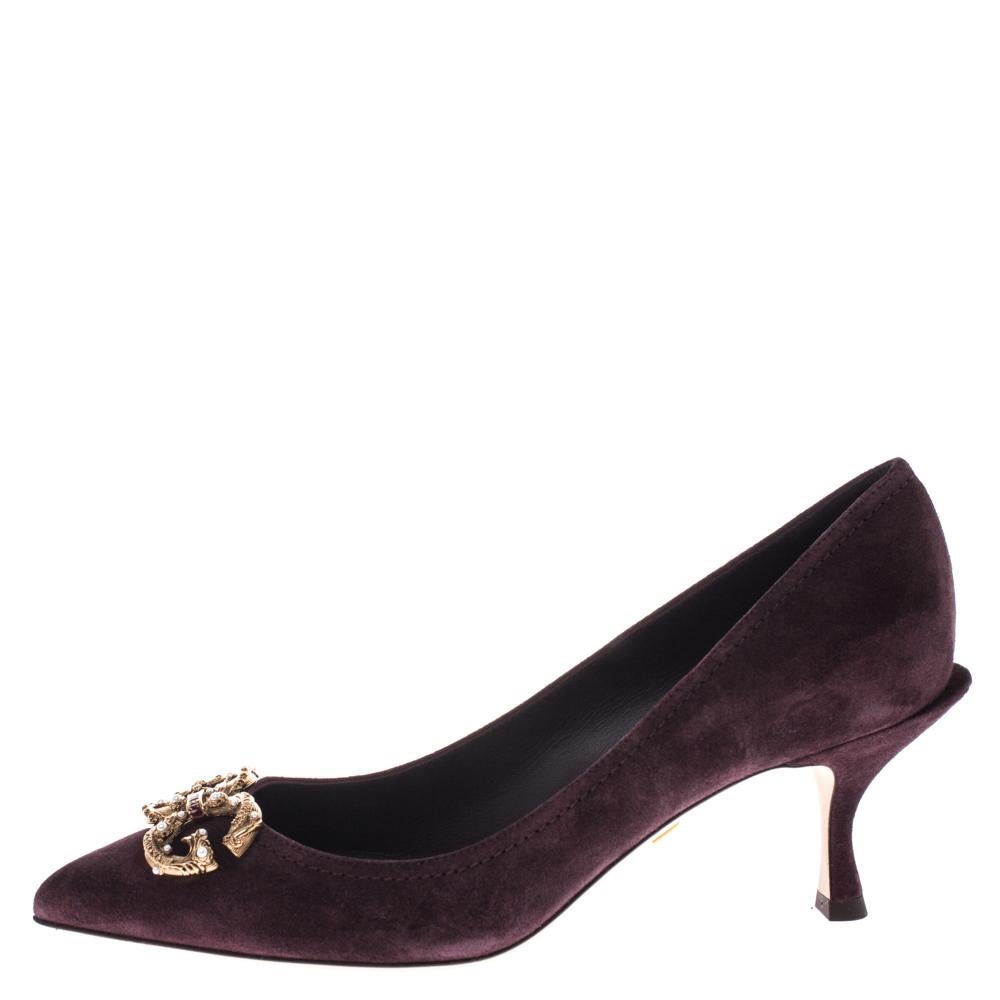 Women's Dolce & Gabbana Burgundy Suede DG Amore Pointed Toe Pumps Size 35.5
