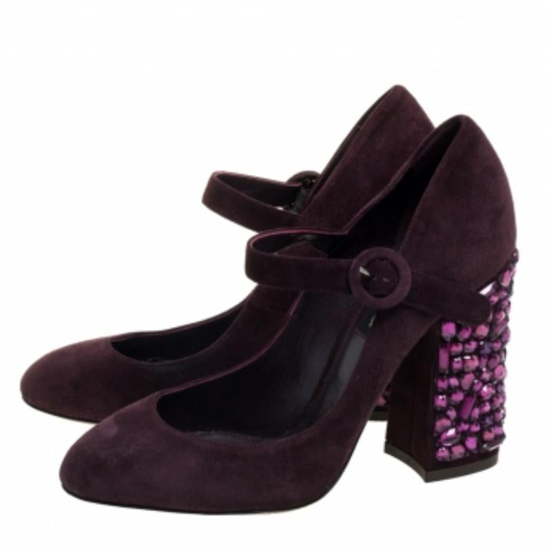 Black Dolce & Gabbana Burgundy Suede Mary Jane Embellished Heel Pumps Size 36 For Sale
