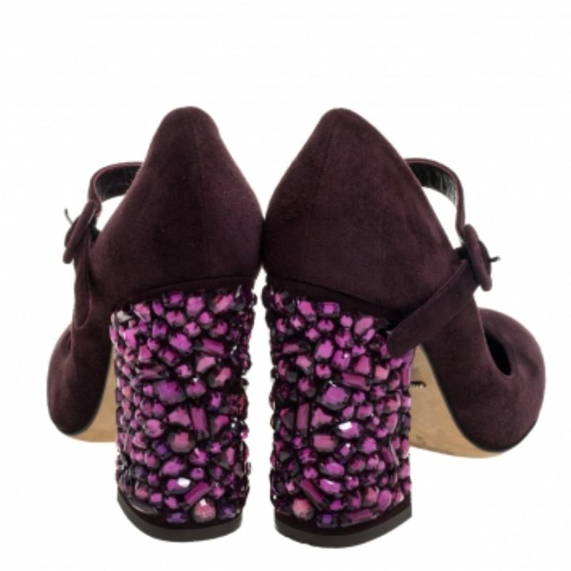 Dolce & Gabbana Burgundy Suede Mary Jane Embellished Heel Pumps Size 36 For Sale 2
