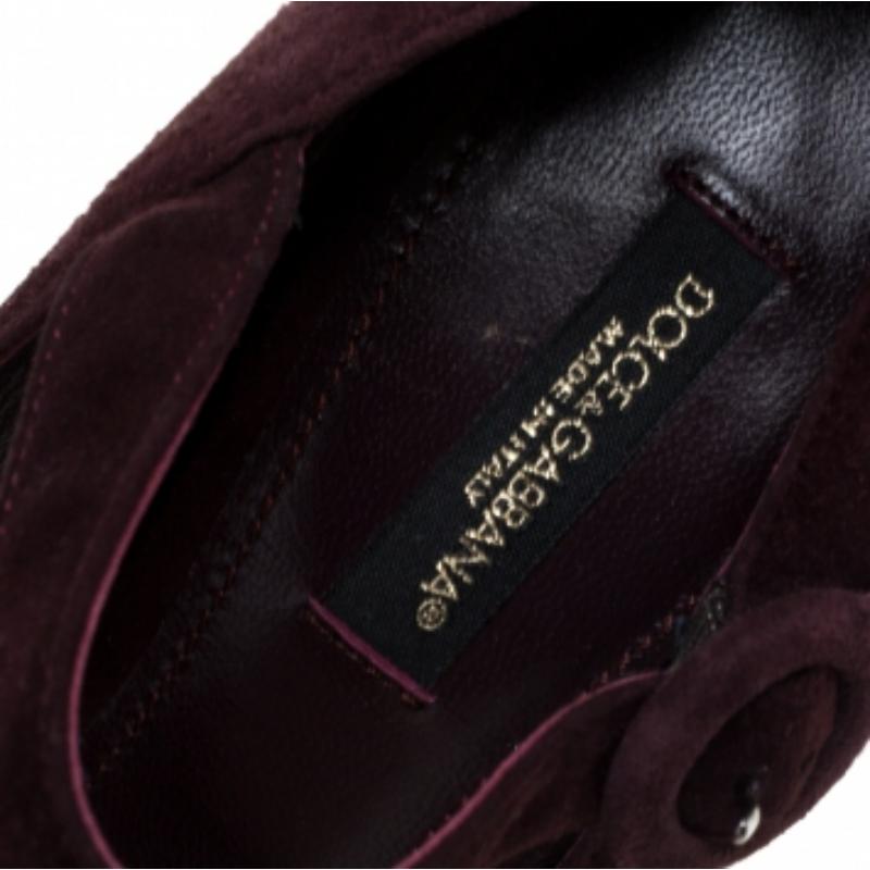 Dolce & Gabbana Burgundy Suede Mary Jane Embellished Heel Pumps Size 36 For Sale 3