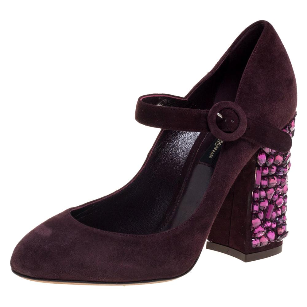 Dolce & Gabbana Burgundy Suede Mary Jane Embellished Heel Pumps Size 36 For Sale