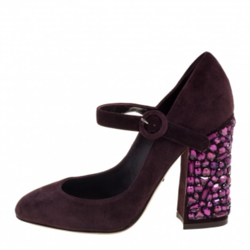 Dolce & Gabbana Burgundy Suede Mary Jane Embellished Heel Pumps Size 36 For Sale