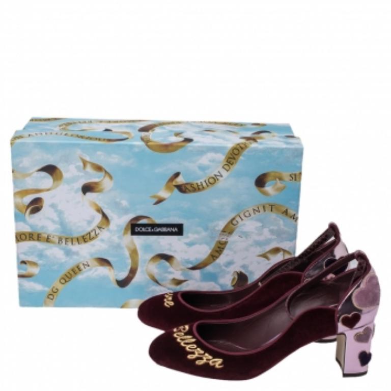Dolce & Gabbana - Escarpins L' Amore à talons blocs en velours bourgogne, taille 38 en vente 3