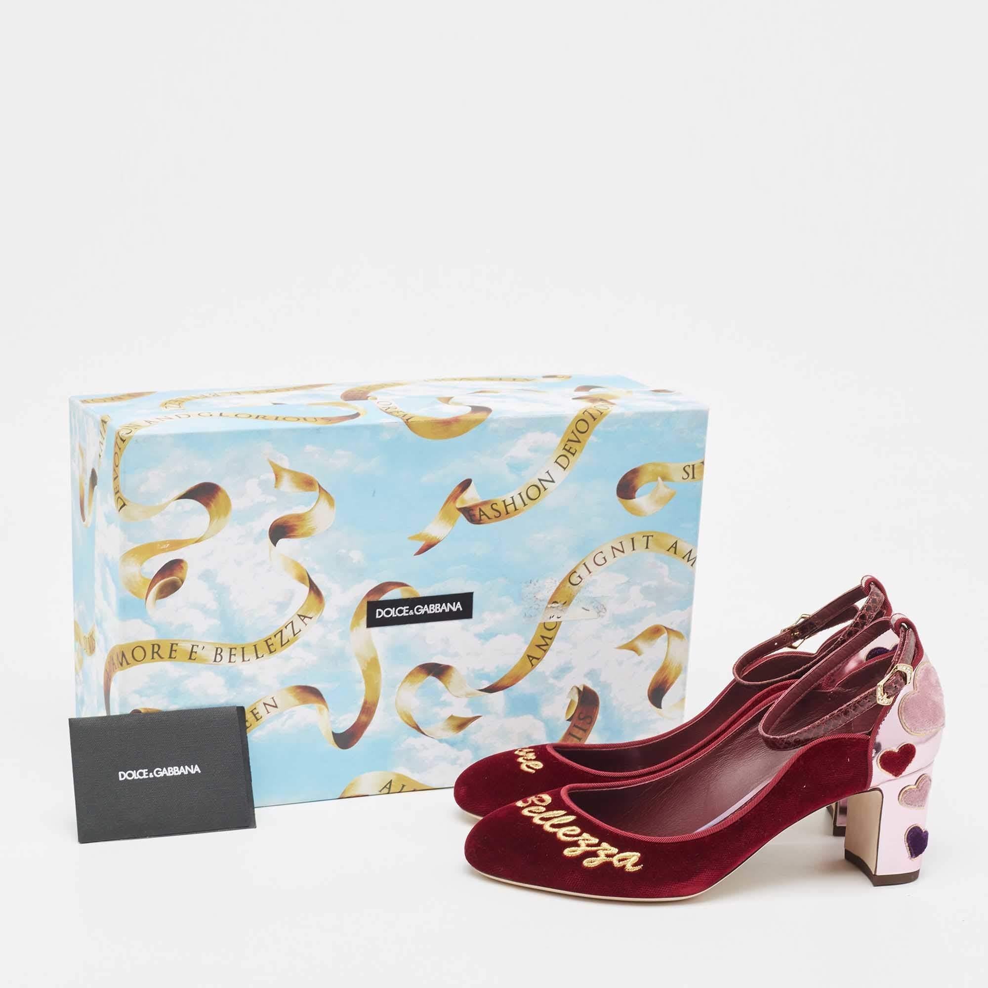 Dolce & Gabbana Burgundy Velvet L' Amore Block Heel Pumps Size 38 For Sale 5