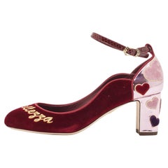 Dolce & Gabbana Burgundy Velvet L' Amore Block Heel Pumps Size 38