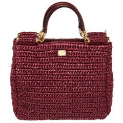 Dolce & Gabbana Burgund gewebter Raffia Miss Sicily Tote