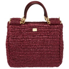 Dolce & Gabbana Burgundy Woven Raffia Miss Sicily Tote