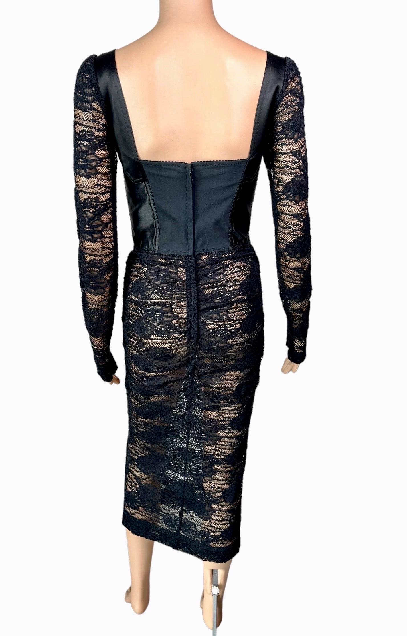 Dolce & Gabbana Bustier Corset Bra Sheer Lace Crochet Bodycon Black Midi Dress For Sale 6