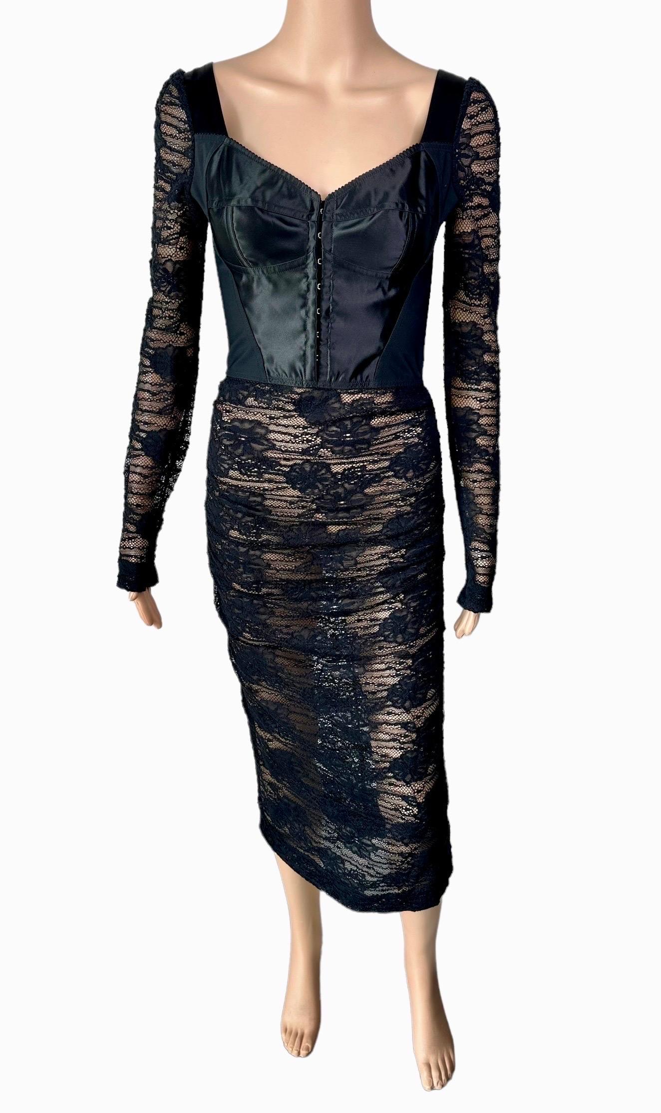 Dolce & Gabbana Bustier Corset Bra Sheer Lace Crochet Bodycon Black Midi Dress IT 40