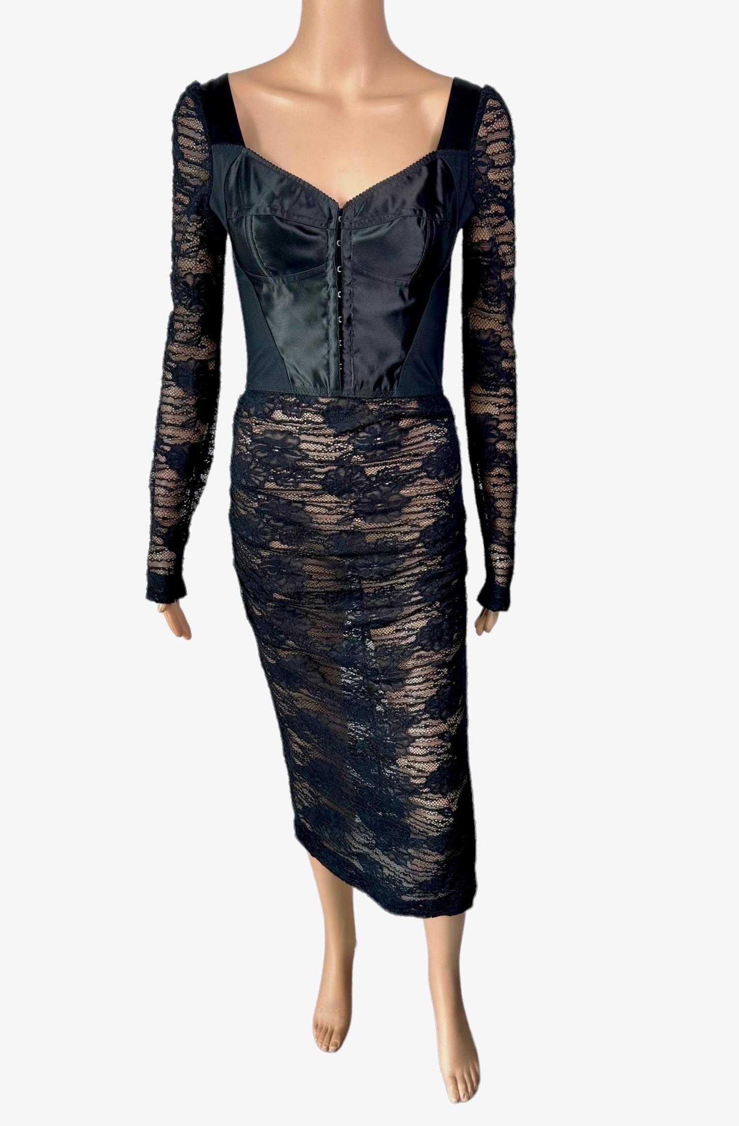 Women's or Men's Dolce & Gabbana Bustier Corset Bra Sheer Lace Crochet Bodycon Black Midi Dress For Sale