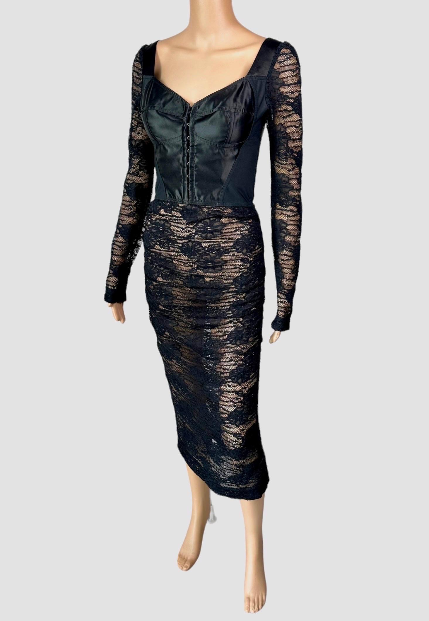 Dolce & Gabbana Bustier Corset Bra Sheer Lace Crochet Bodycon Black Midi Dress For Sale 1