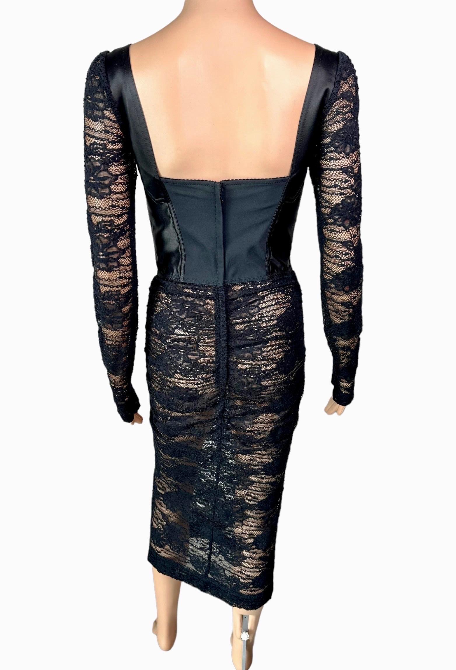 Dolce & Gabbana Bustier Corset Bra Sheer Lace Crochet Bodycon Black Midi Dress For Sale 2
