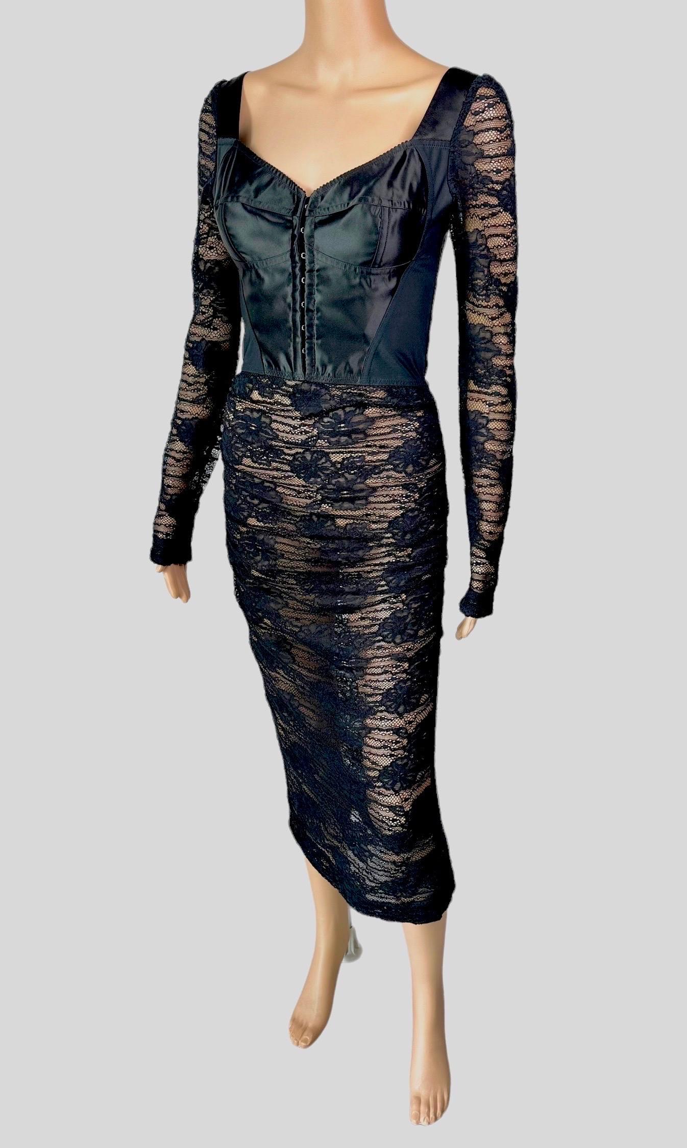 Dolce & Gabbana Bustier Corset Bra Sheer Lace Crochet Bodycon Black Midi Dress For Sale 3