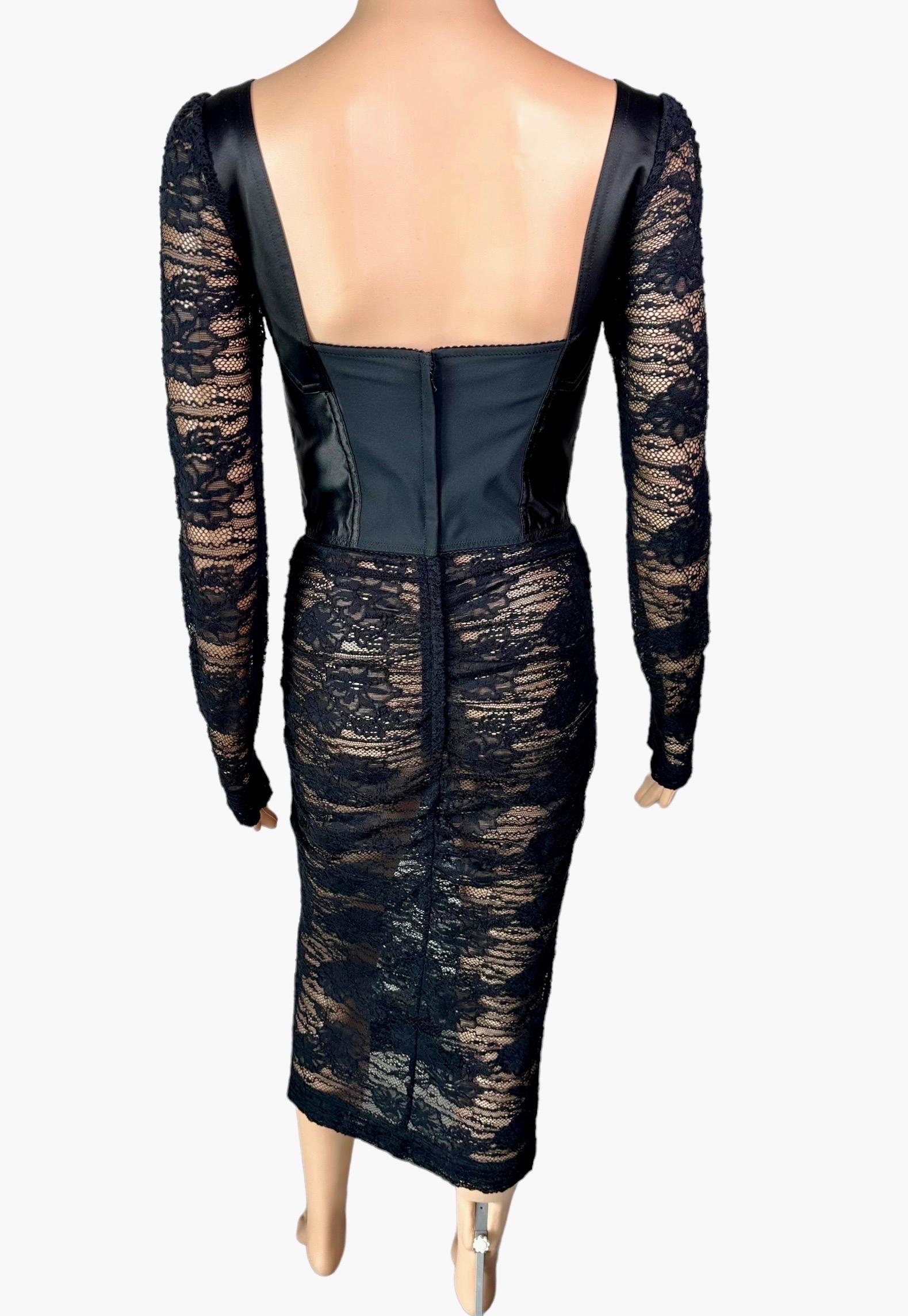 Dolce & Gabbana Bustier Corset Bra Sheer Lace Crochet Bodycon Black Midi Dress For Sale 4