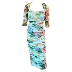 Dolce & Gabbana Bustier Corset Floral Print Ruched Tulle Mesh Midi Evening Dress
