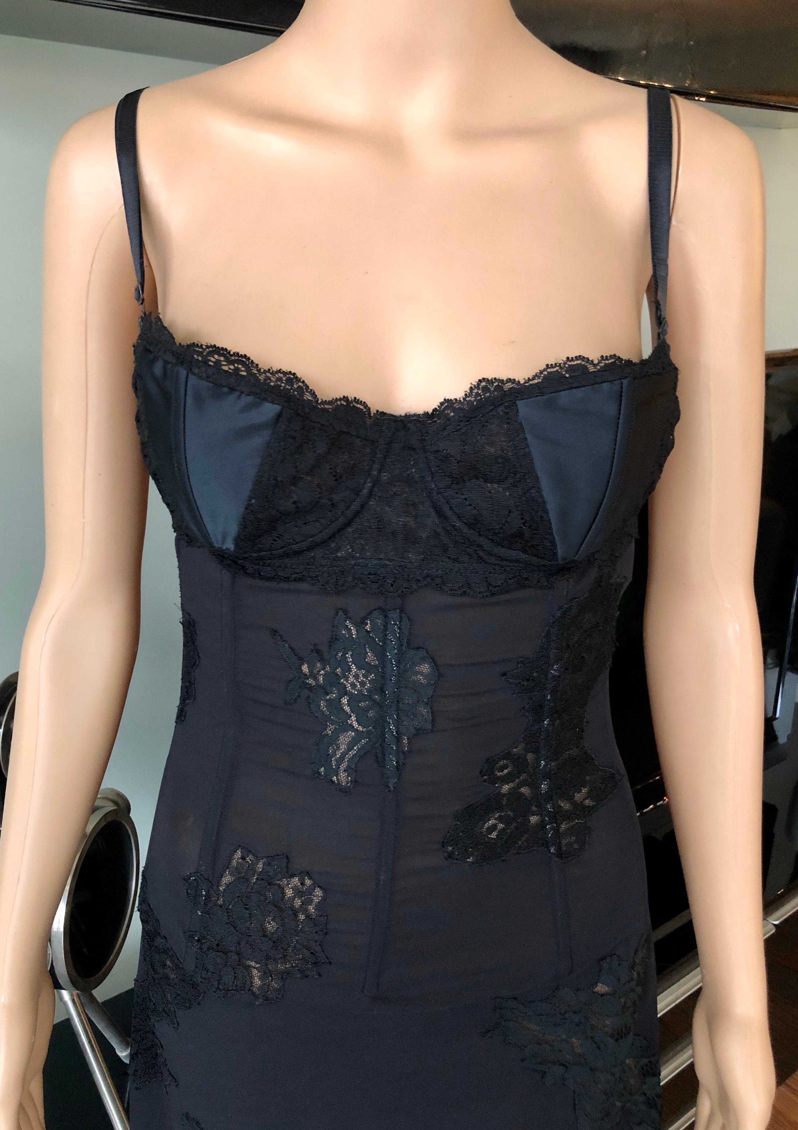 Dolce & Gabbana c. 2000 Sheer Silk and Lace Corset Ties Accented Black Dress In Good Condition In Naples, FL