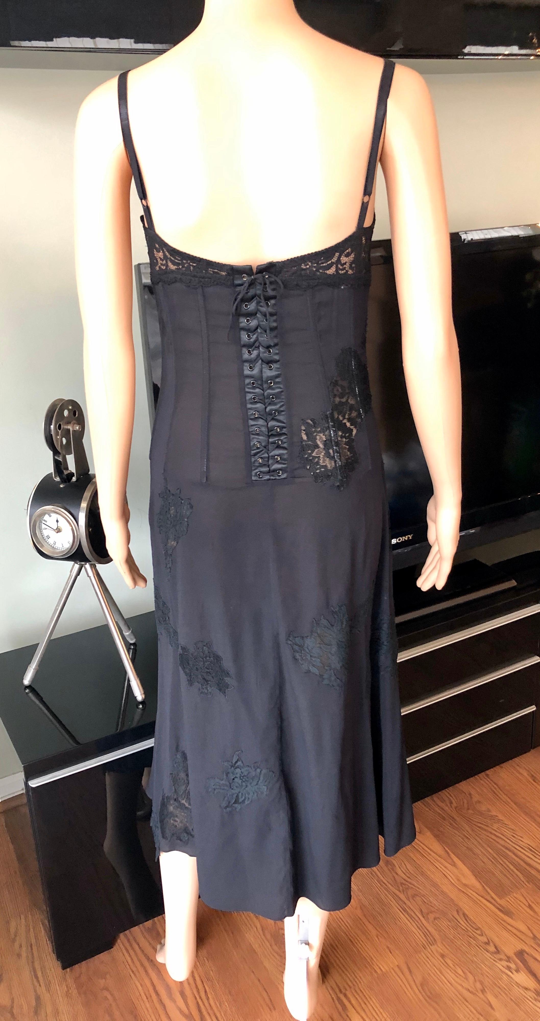 Women's Dolce & Gabbana c. 2000 Sheer Silk and Lace Corset Ties Accented Black Dress