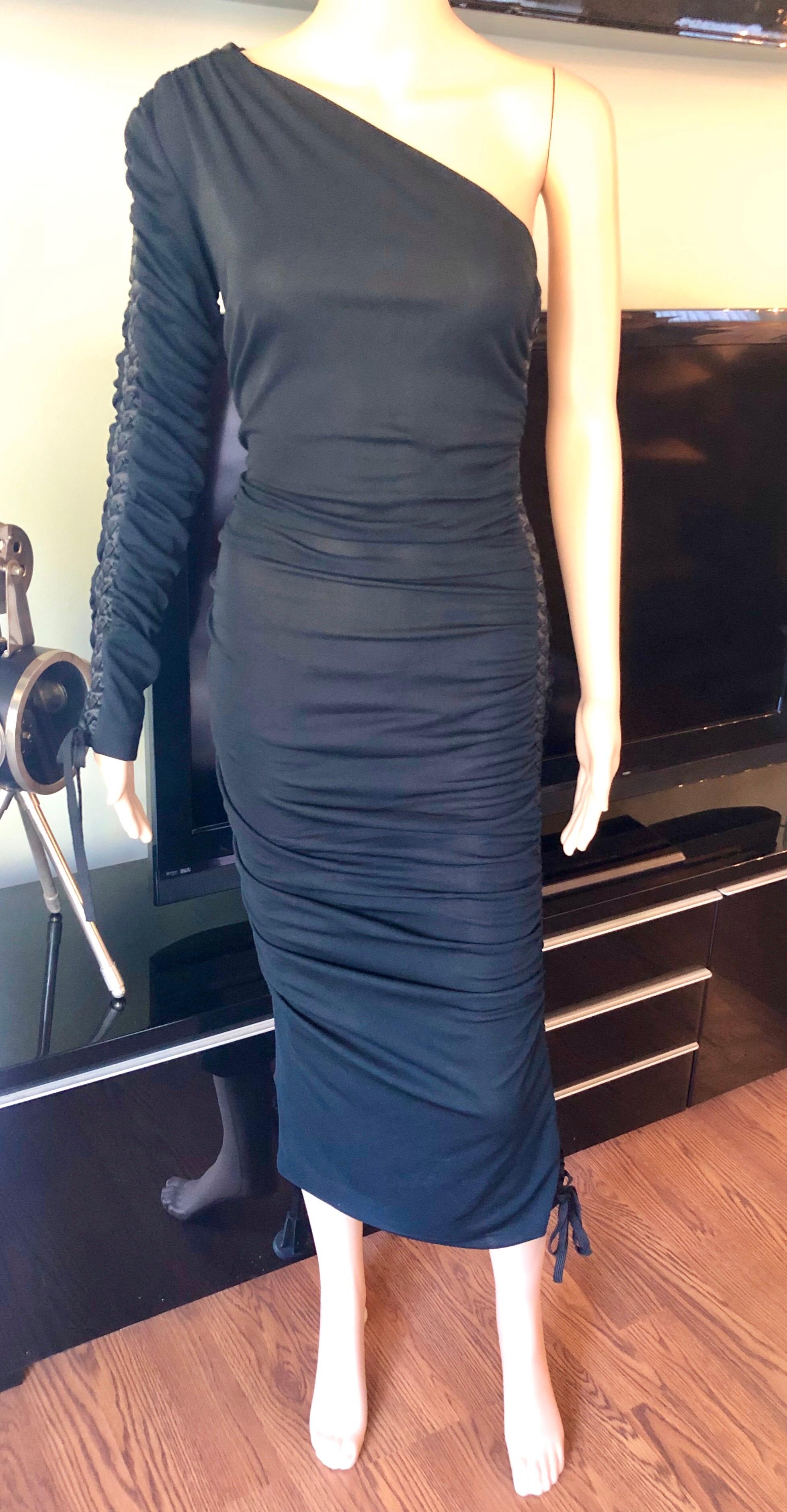 Dolce & Gabbana c. 2001 Semi-Sheer One Shoulder Corset Lace Up Ties Black Dress 1