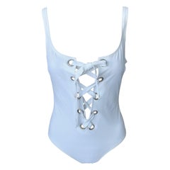 Dolce & Gabbana c. 2003 Plunging Lace Up Corset Backless White Swimsuit Bodysuit