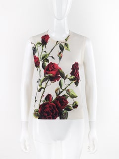 DOLCE & GABBANA c.1990s Cream Multicolor Rose Print Silk Knit Sleeveless Top