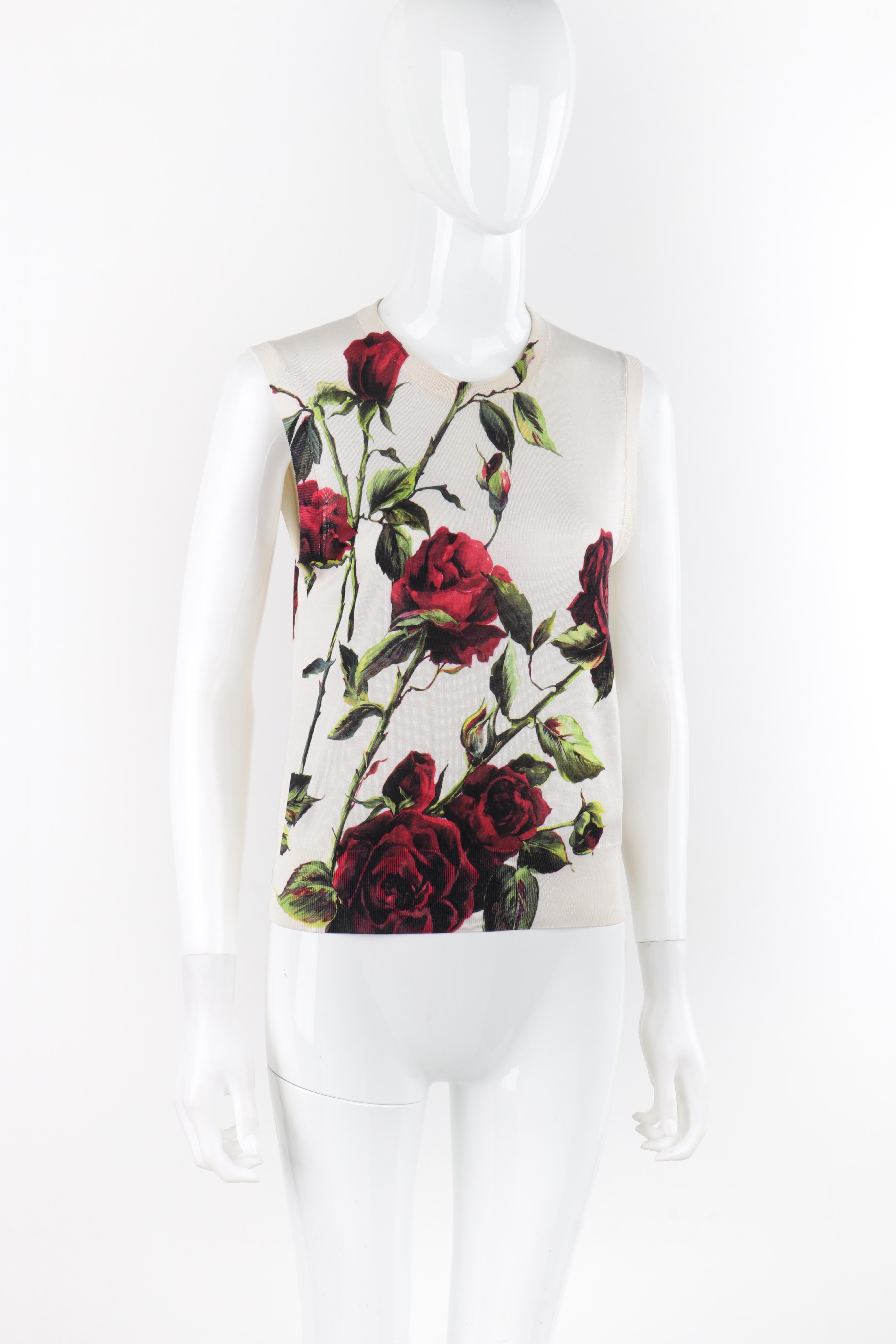 Gris DOLCE & GABBANA - Haut sans manches en maille de soie imprimé roses multicolores et crème, circa 1990 en vente