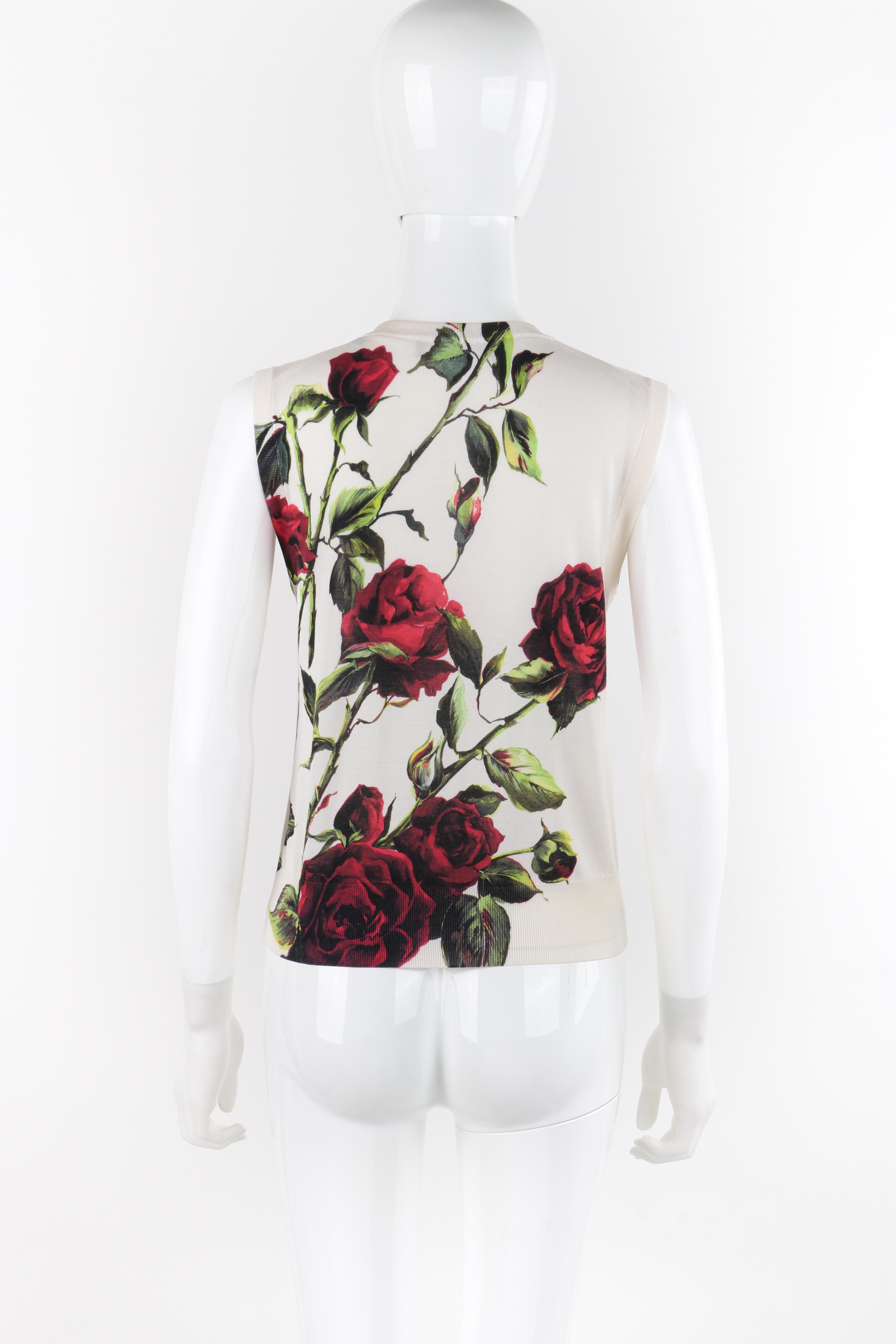 Women's DOLCE & GABBANA c.1990s Cream Multicolor Rose Print Silk Knit Sleeveless Top For Sale