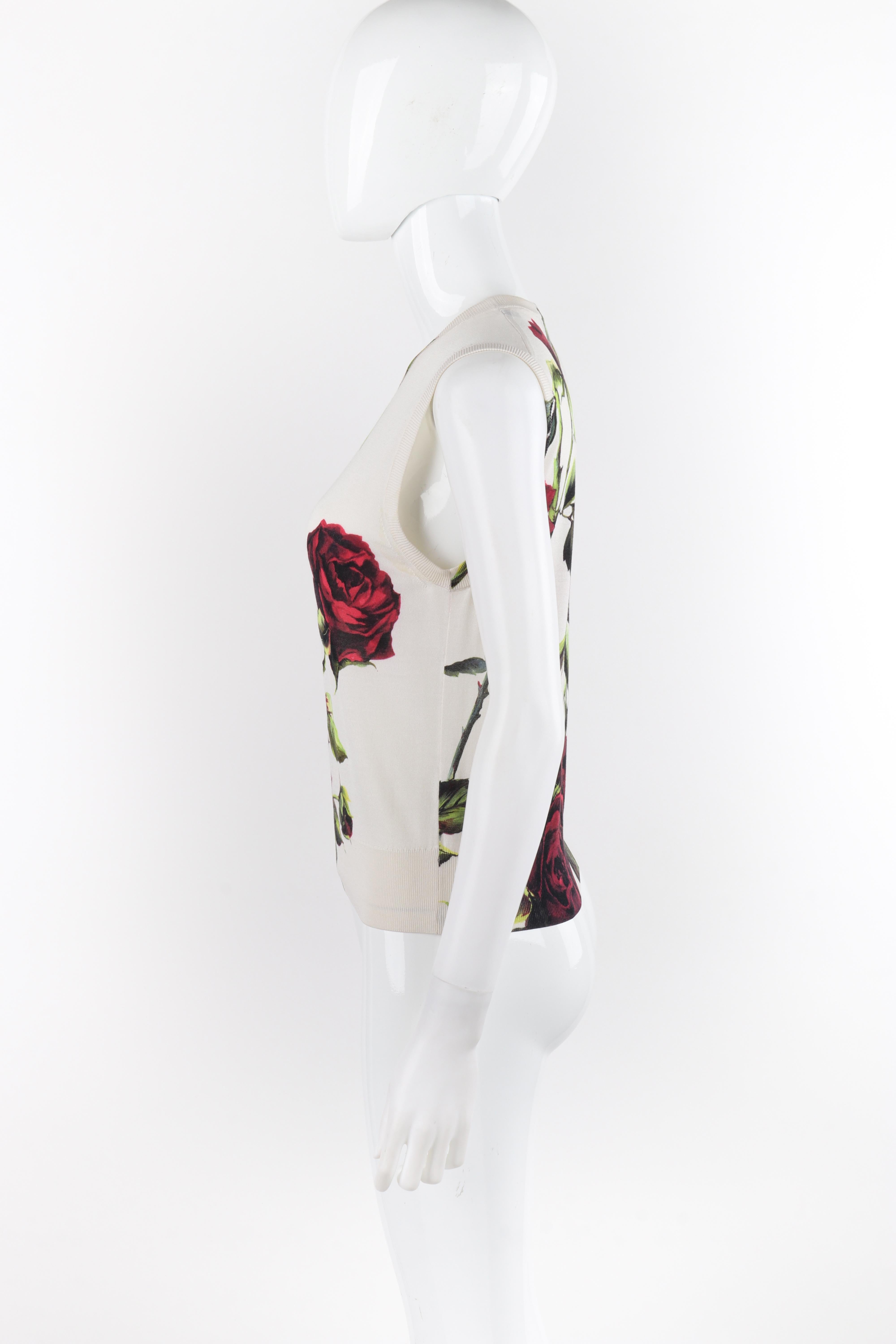 DOLCE & GABBANA c.1990s Cream Multicolor Rose Print Silk Knit Sleeveless Top For Sale 1