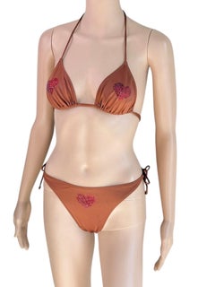 Dolce & Gabbana c.1998 Unworn Crystal Heart Bikini Swimwear Swimsuit 2 Piece Set
