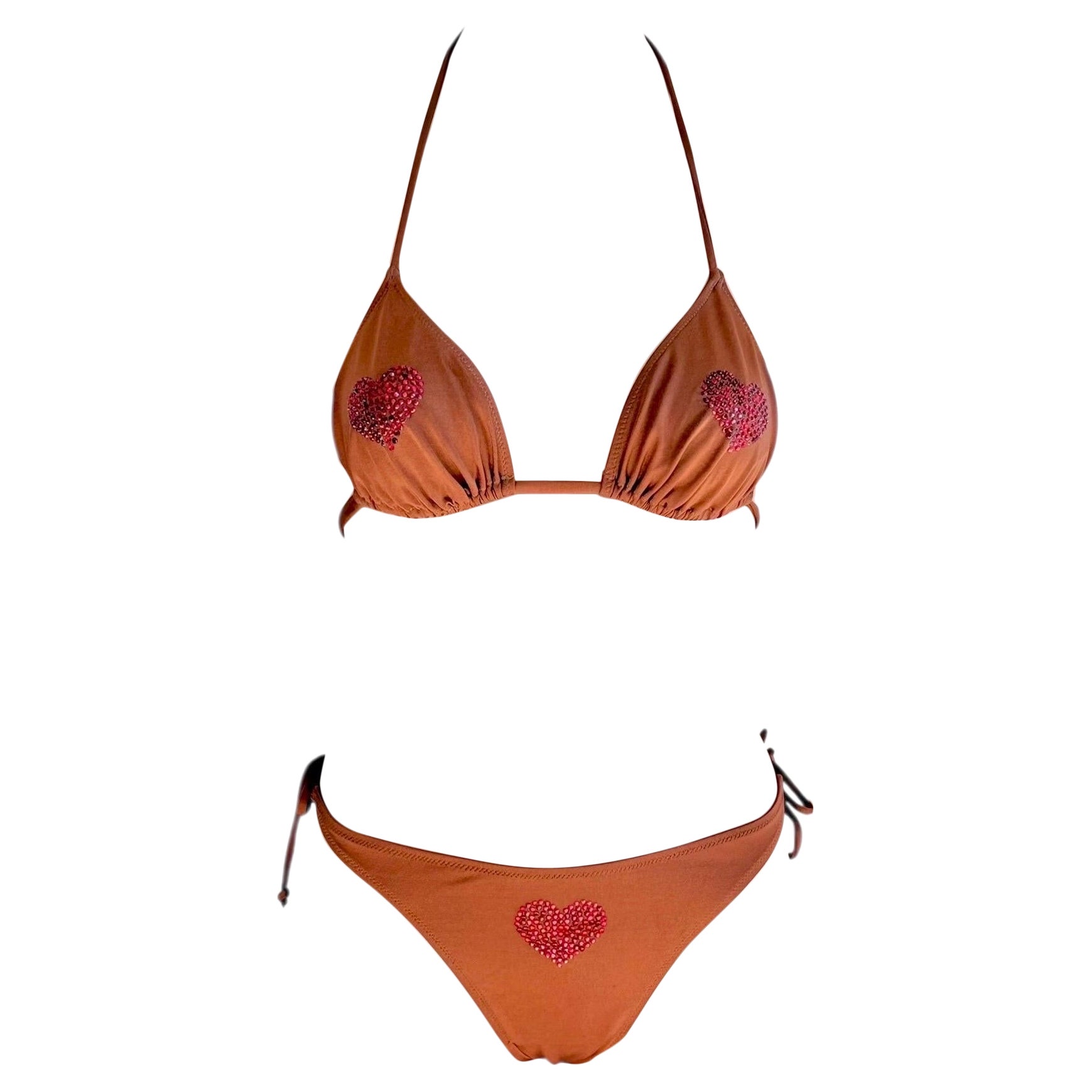 Dolce 
Gabbana c.1998 Unworn Crystal Heart Bikini Swimwear Swimsuit 2 Piece Set