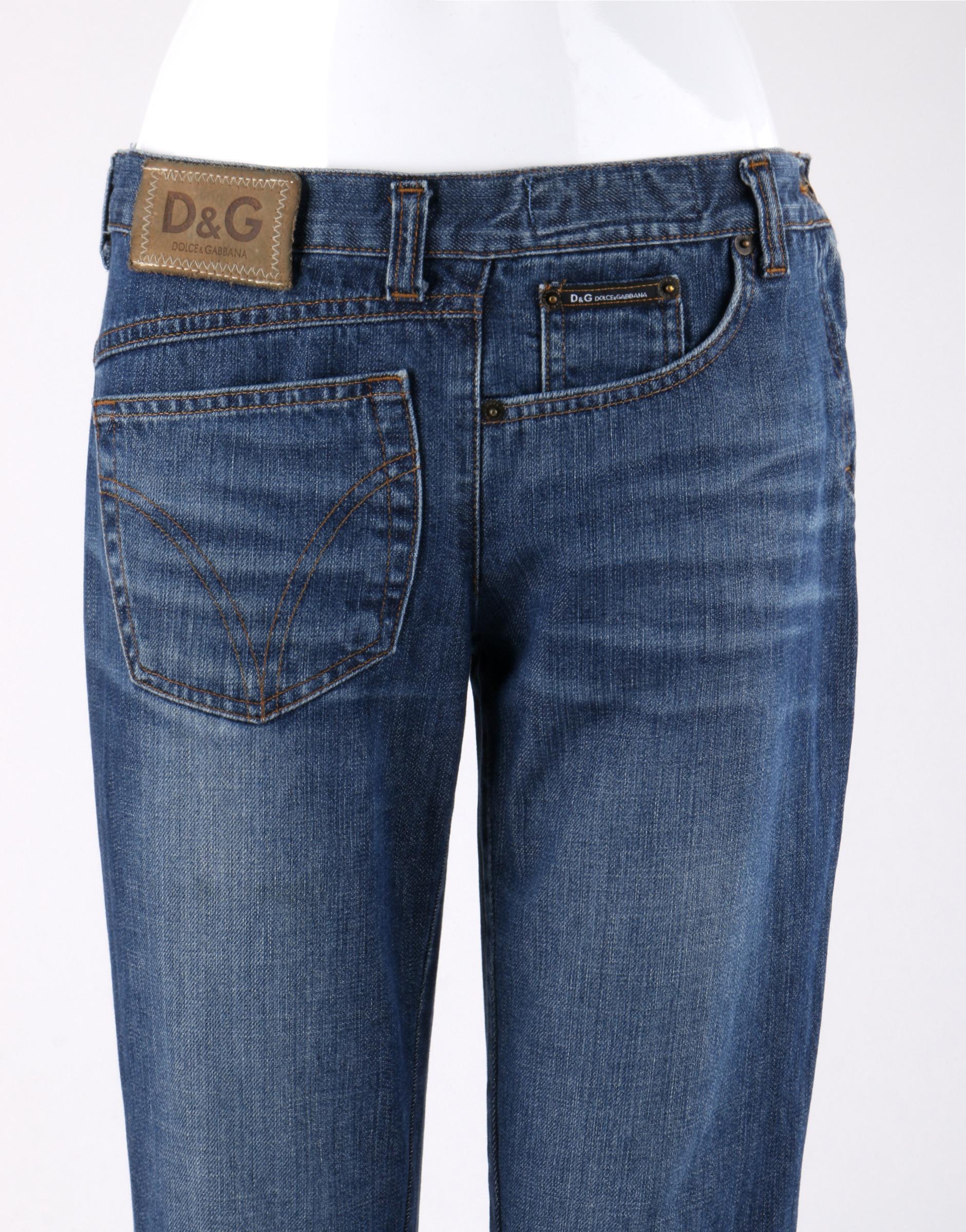 DOLCE & GABBANA c.2000's Five Pocket Sideways Avant Garde Straight Leg Jeans

Circa: Early 2000's  
Brand / Manufacturer: Dolce & Gabbana
Designer: Dominico Dolce & Stefan Gabbana
Style: Straight leg jeans
Color(s): Shades of blue (body); gold