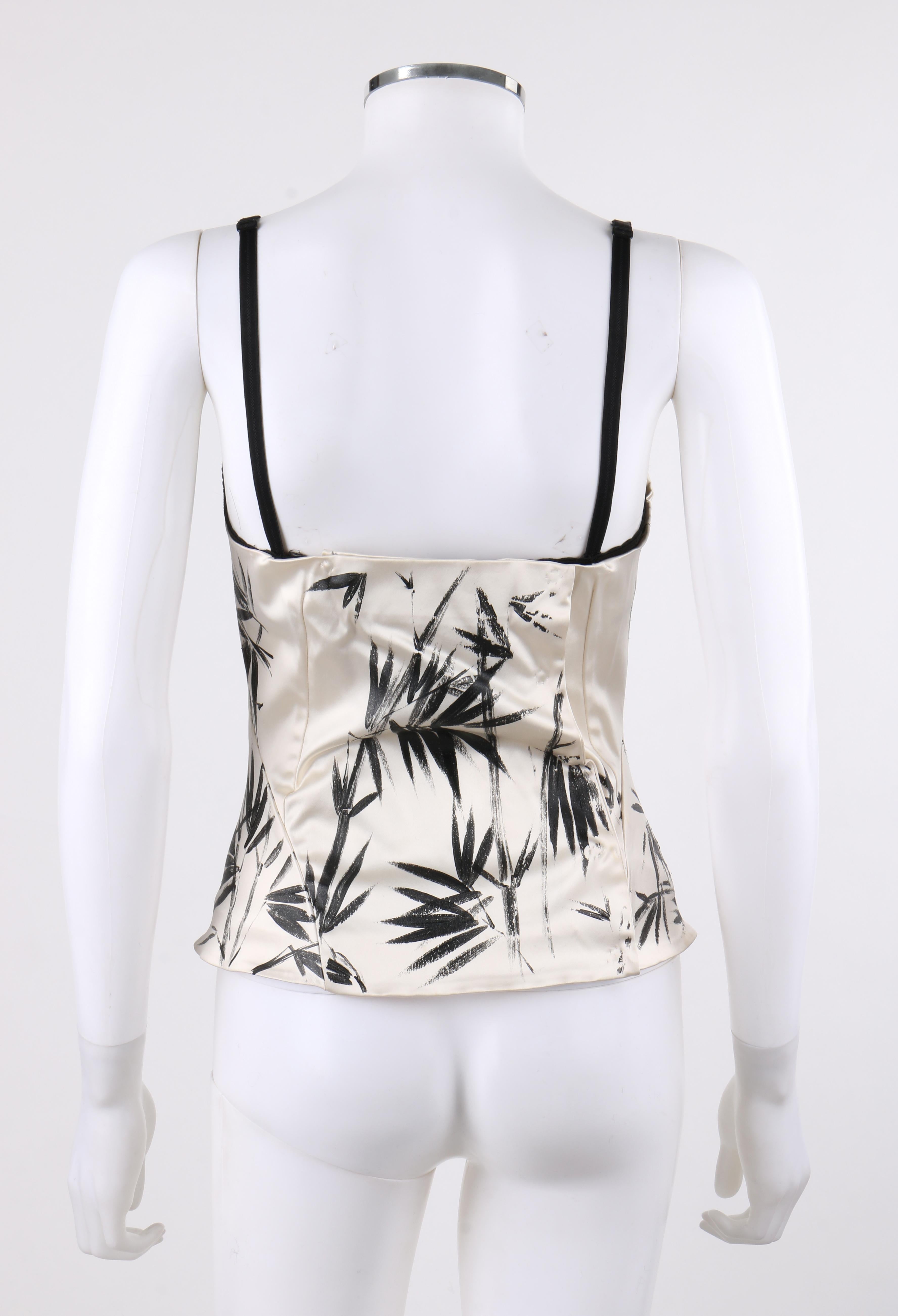 White DOLCE & GABBANA c.2000’s Ivory Black Hand Painted Bamboo Leaf Corset Bustier Top