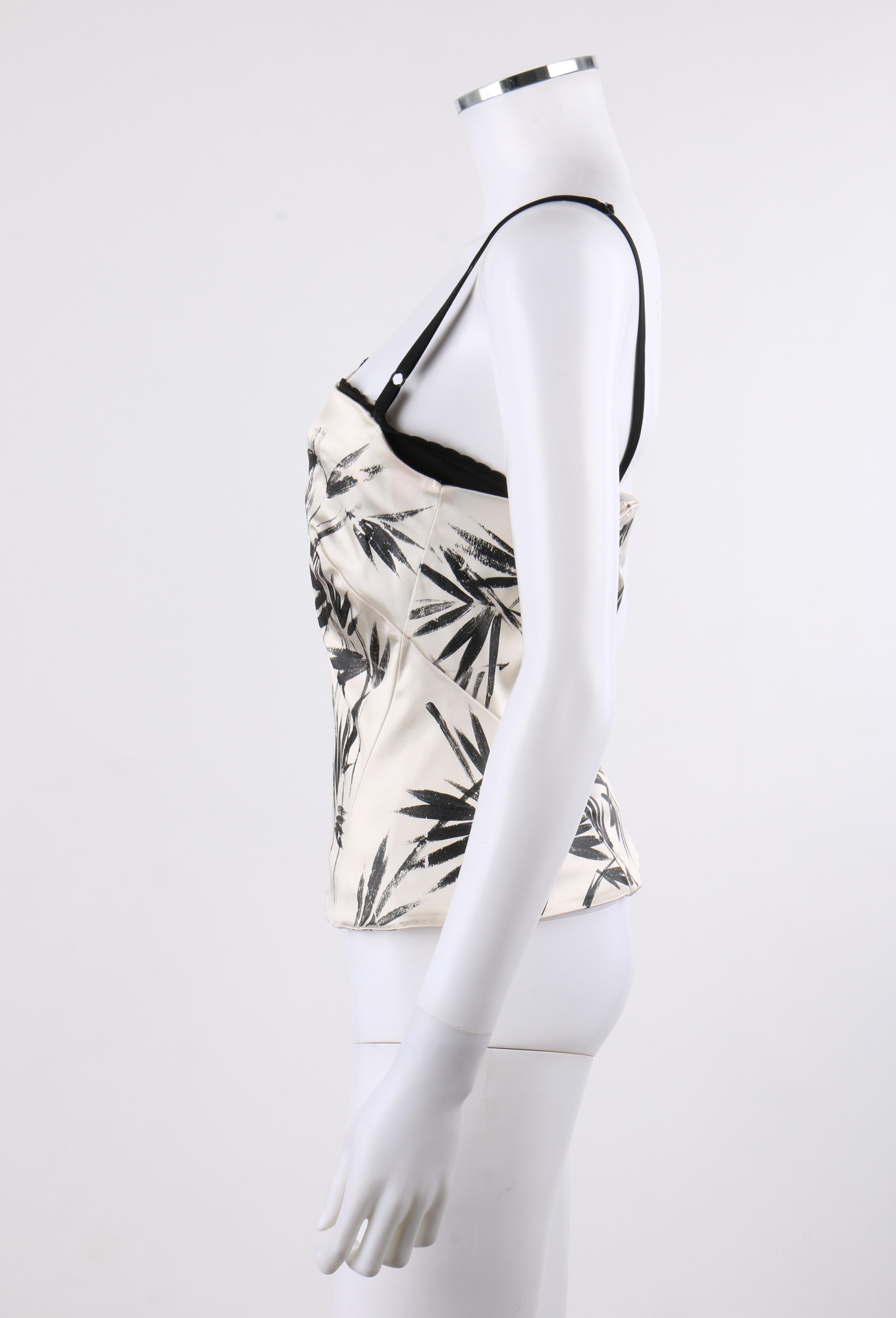 DOLCE & GABBANA c.2000’s Ivory Black Hand Painted Bamboo Leaf Corset Bustier Top In Good Condition In Thiensville, WI