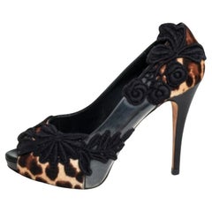 Dolce & Gabbana Calf Hair And Leopard Print Embroidered Peep Toe Pumps Size 37.5