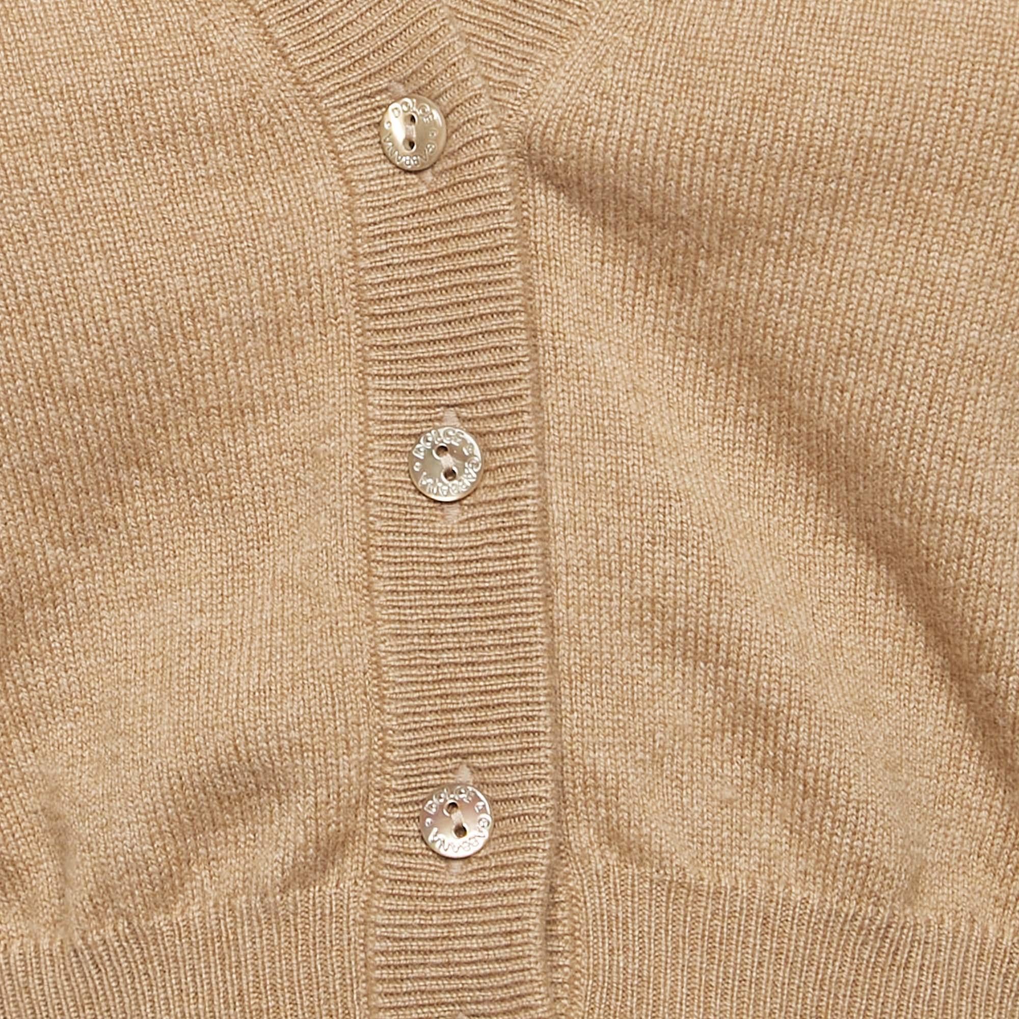 Dolce & Gabbana Camel Brown Cashmere Knit Crop Cardigan M In Excellent Condition In Dubai, Al Qouz 2