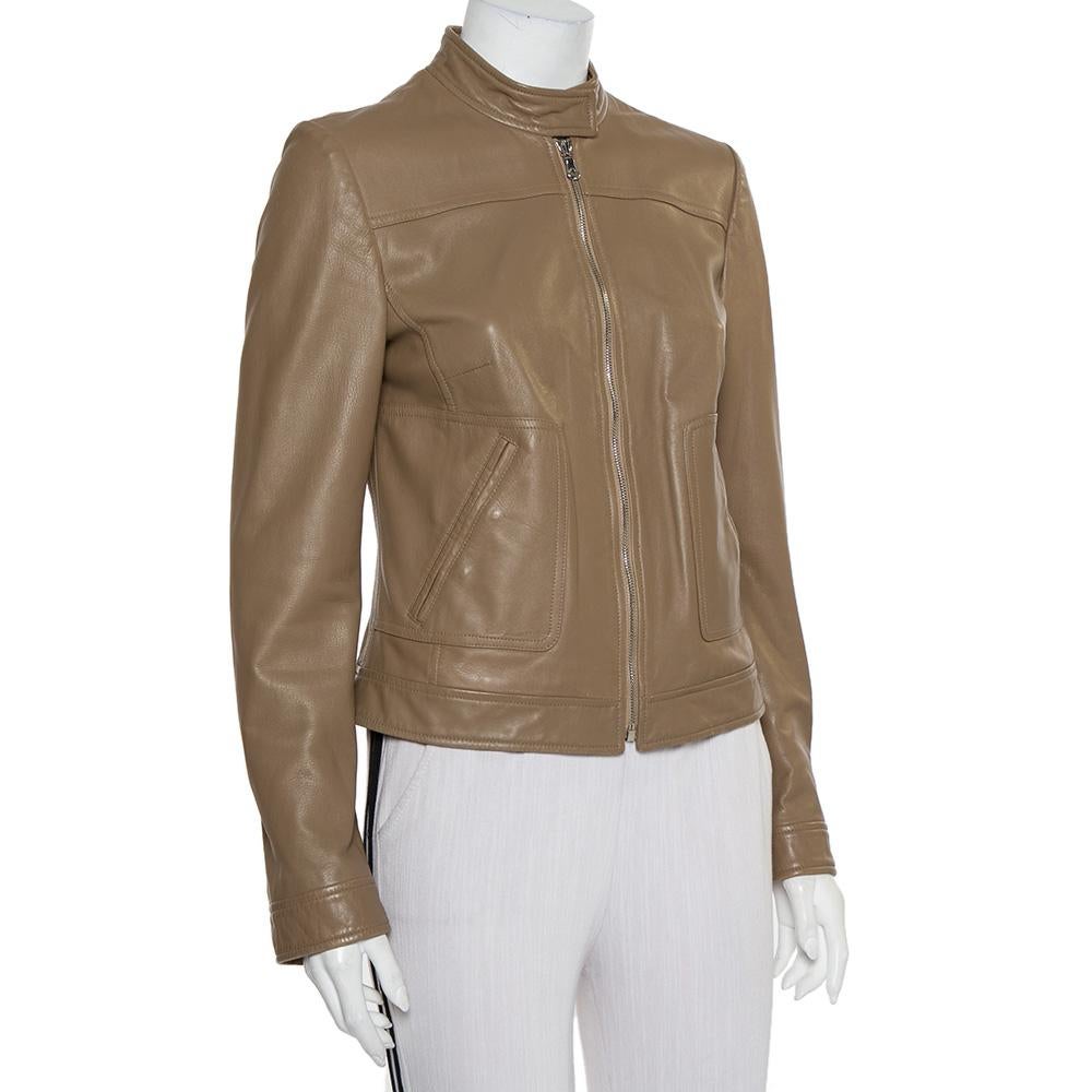 Dolce & Gabbana Camel Brown Leather Zip Front Jacket M In Good Condition In Dubai, Al Qouz 2