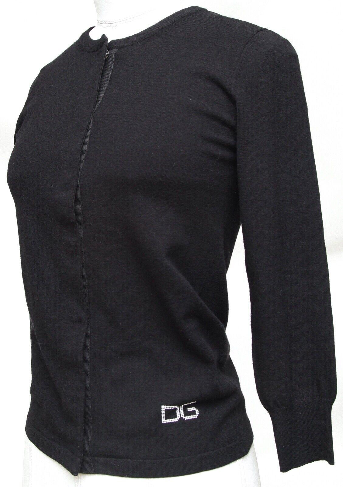 DOLCE & GABBANA Cardigan Sweater Black Knit Logo Crystals 3/4 Sleeve Sz 44 In Excellent Condition For Sale In Hollywood, FL
