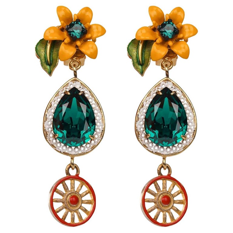 Dolce and Gabbana Carretto Filigree Crystal Flower Clip Earrings Gold Green  Yellow For Sale at 1stDibs