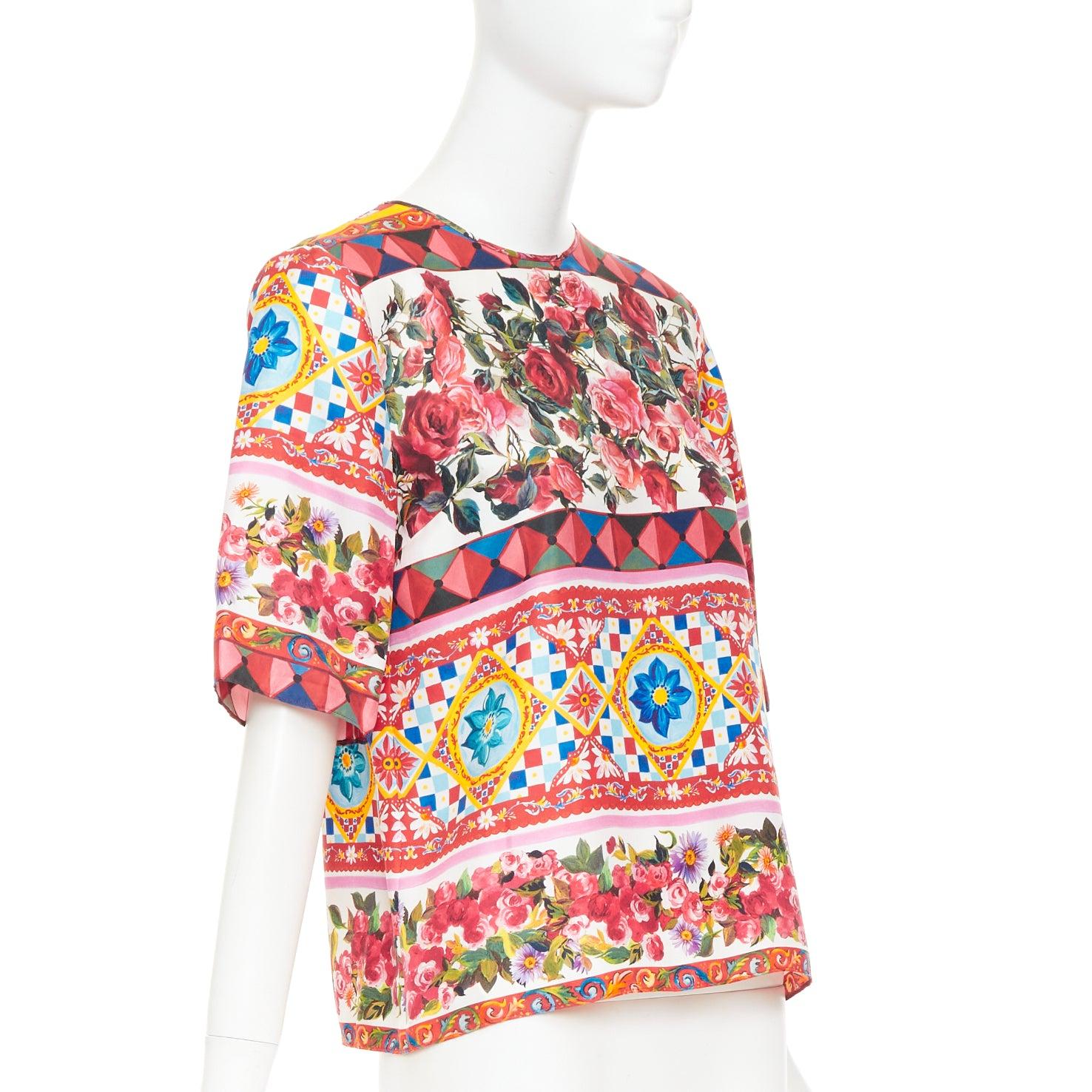 Beige DOLCE GABBANA  Carretto Roses pink multicolor print silk crew top IT38 XS en vente