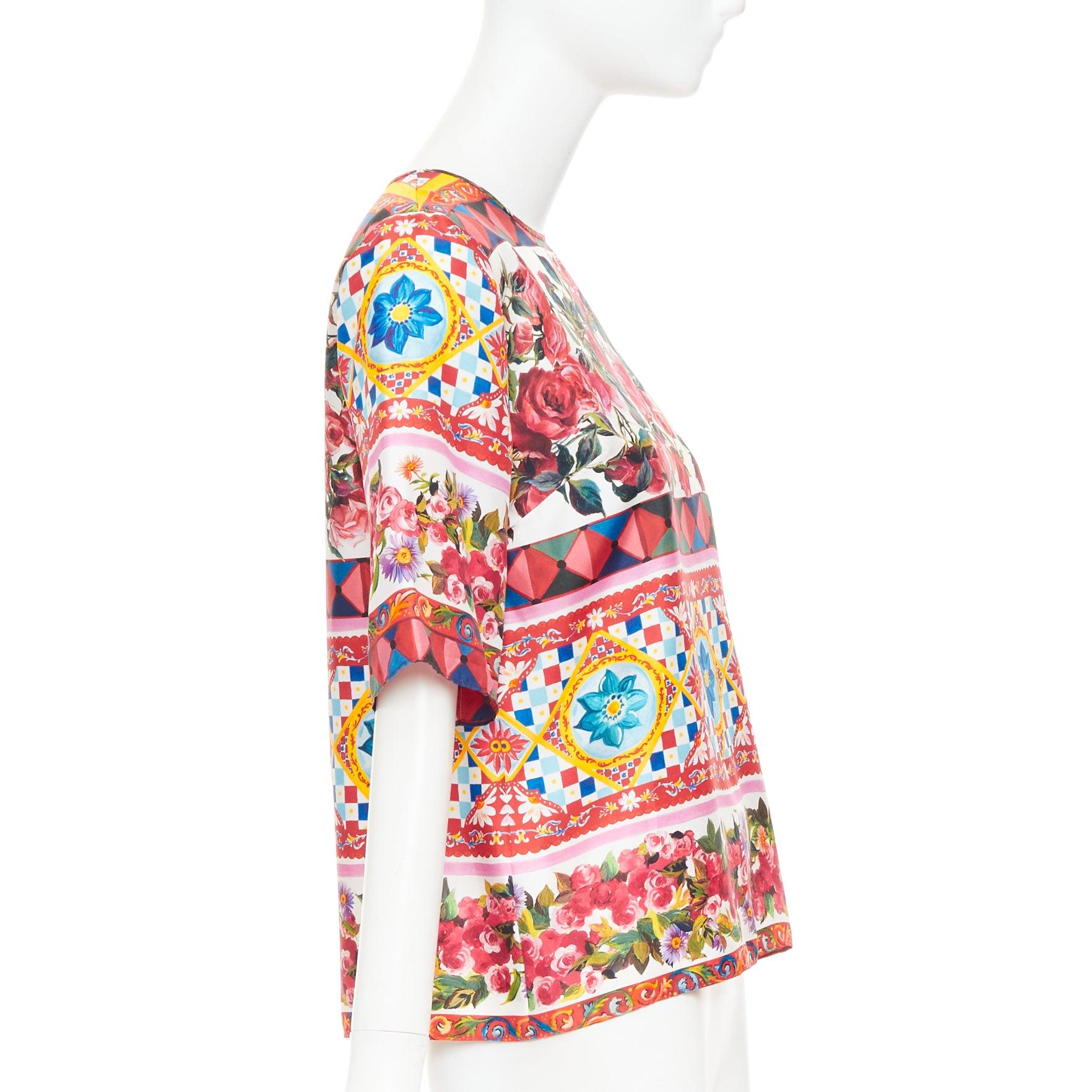 DOLCE GABBANA  Carretto Roses pink multicolor print silk crew top IT38 XS Excellent état - En vente à Hong Kong, NT