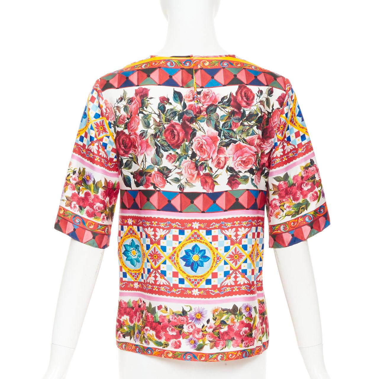 DOLCE GABBANA  Carretto Roses pink multicolor print silk crew top IT38 XS Pour femmes en vente